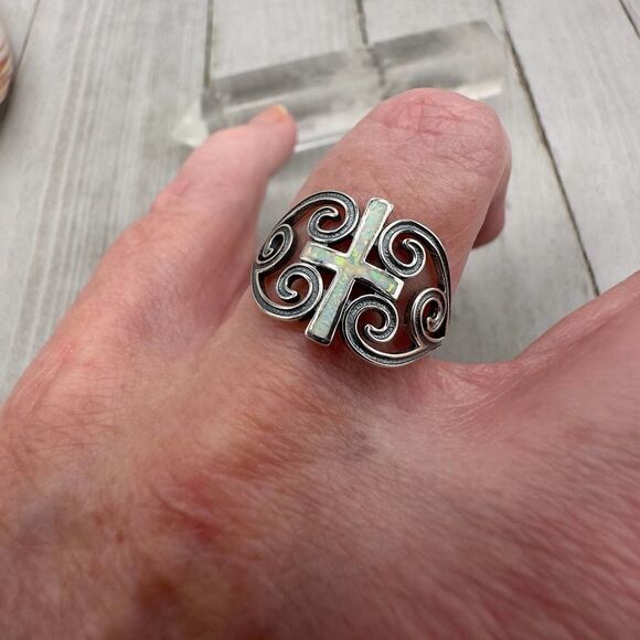 Lab Opal Cross Sterling Silver Ring - Picture 2 of 7